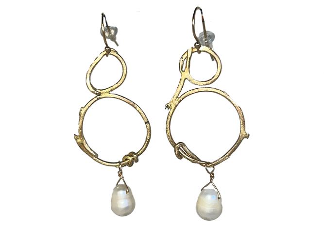 Sue Klein, Gold Circle Drop Earrings with Pearls