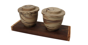 Kevork Cholakian, Porcelain Tea Cups with Lids and Wood Base
